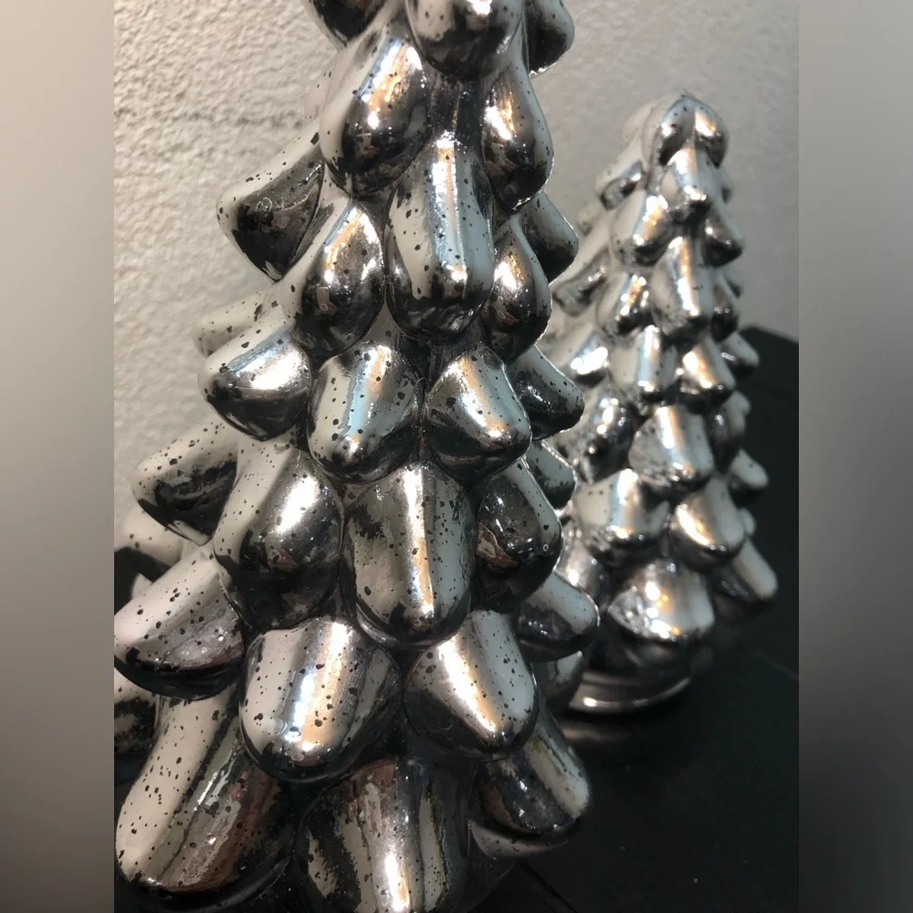 Silver Ceramic Lighted Holiday Tree Décor - Set of 2